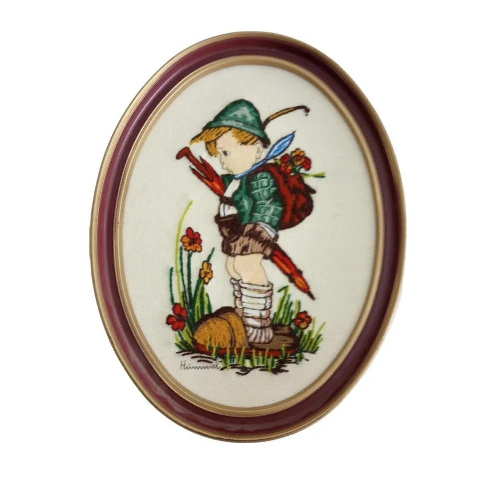 VTG Framed Crewel Embroidered Hummel Wall Hangings Oval Boy Wearing Father shoes